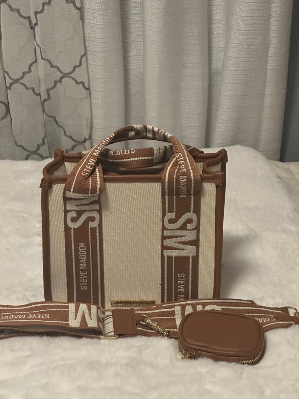Steve Madden Beige Canvas Crossbody with Brown Guitar Strap